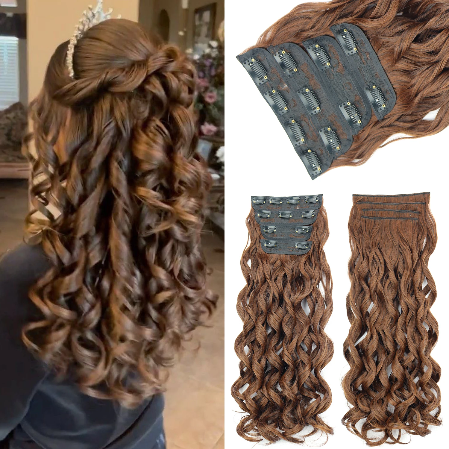 4Pcs/Set Clip In Synthetic Long Curly Wave Hair Extensions Brown Blonde Black Fake Hairpiece For Women Daily Use hair extensions