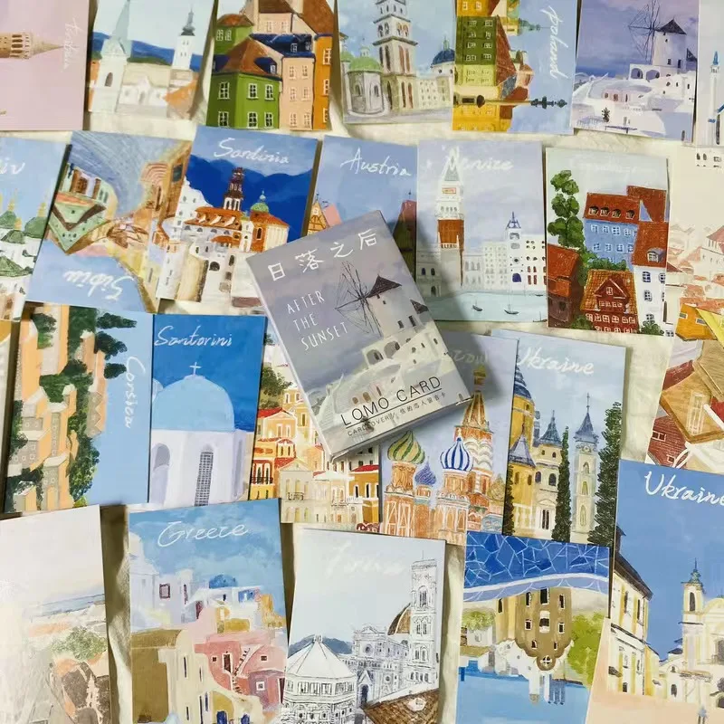 애프터 더 선셋 시리즈 로모 카드, 손으로 그린 세계 건축 미니 엽서, 메시지 카드, 크리스마스 선물, 28 매 세트