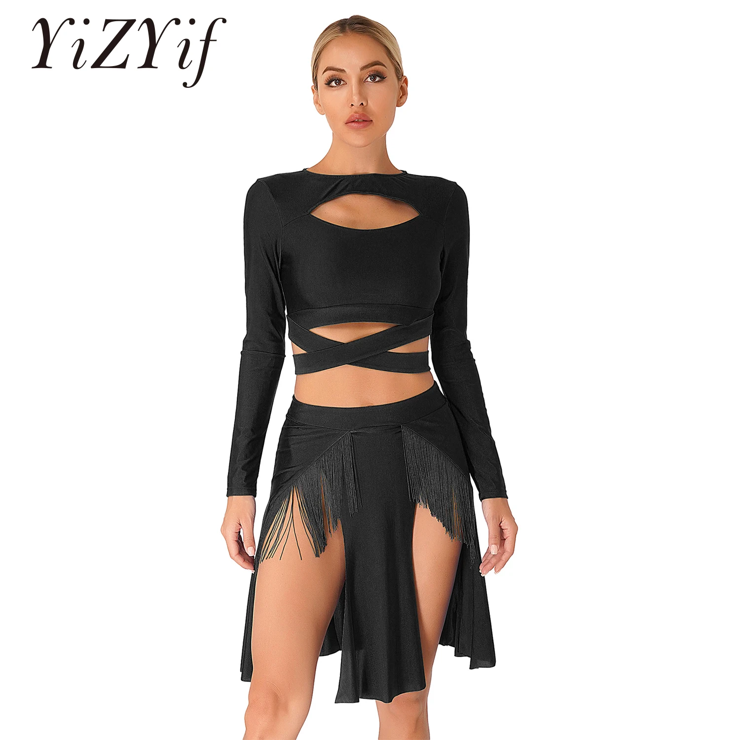 

Women Lyrical Dance Costume Ballet Dance Dress Long Sleeve Cutout Crop Top+Split Tassel Skirt Latin Dance Stage Performance Wear