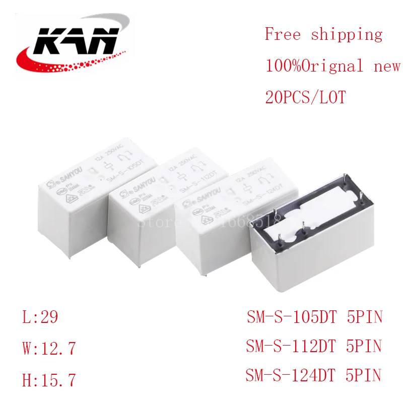 

Free shipping 20pcs Power relay SM-S-105DT SM-S-112DT SM-S-124DT 5VDC 12VDC 24VDC 12A 250VAC 5PIN Original New