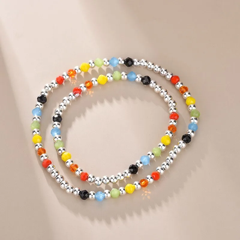 Silver Color Rainbow Beans Anklet for Women Summer Boho Handmade Beads Foot Chain Vocation Jewelry Gifts