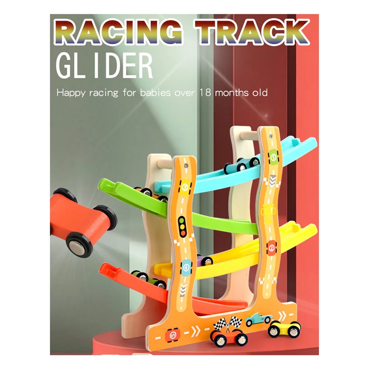 BAAU Wooden Racing Slide Cars Track Parking Lot Toys Gliding Ladder Vehicles DIY Education Xmas Birthday Gifts for Kids Boys