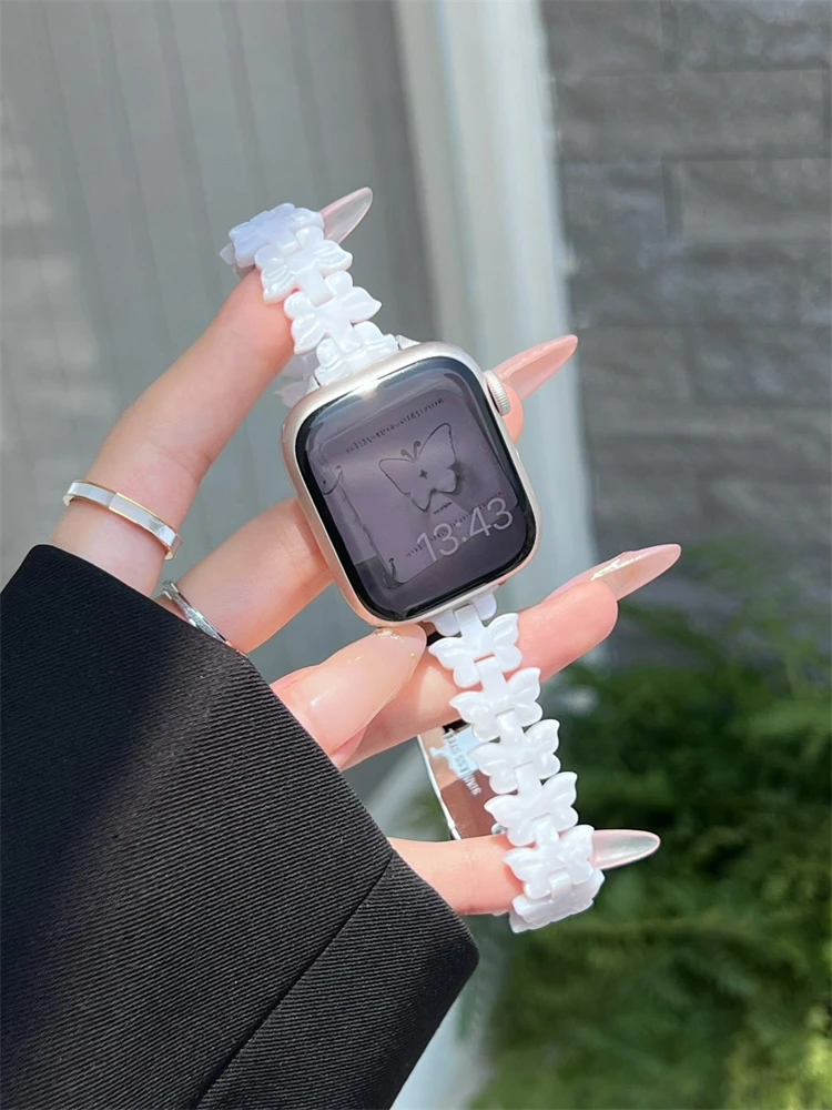 

Slim Butterfly Resin Strap For Apple Watch 41mm 45 42 44 49 40 mm Girl Cute Replace Wrist Watchband Belt Watch Band Accessories