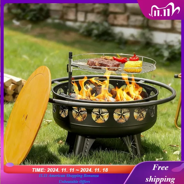 32 Inch Fire Pit with Swivel Cooking Grate,3-in-1 Wood Burning Firepit with Grill,Outdoor Fire Pits Table with Metal Lid and Pok 1
