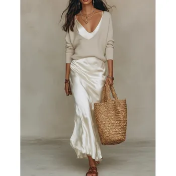 Spring Summer New Solid Color Satin Suspender Skirt And Knitted Top 2-piece Elegant Women's Slim Commuting Long Dress Set 2026 1