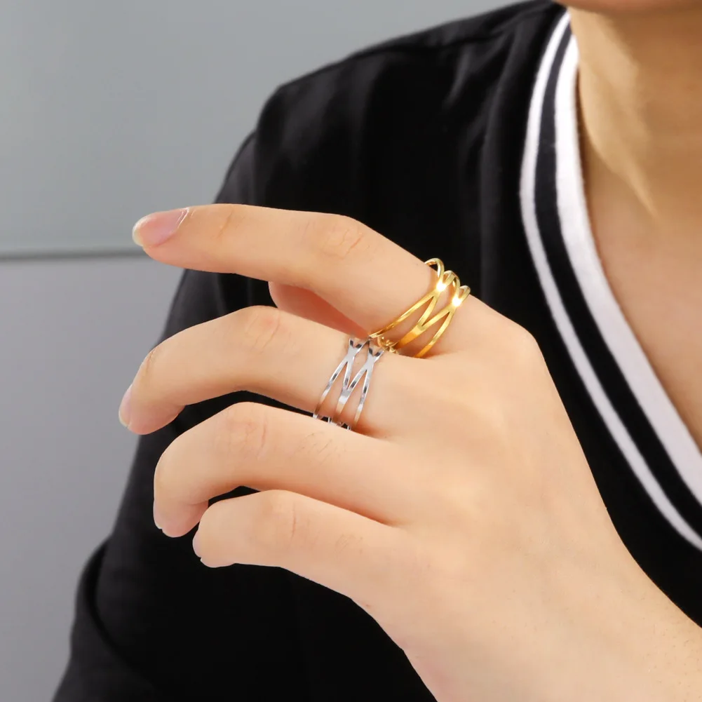 HIPEE Stainless Steel Multi Layer Rings for Women Minimalist Style Line Geometric Structure Ring Fashion Jewelry Wedding Gifts 4
