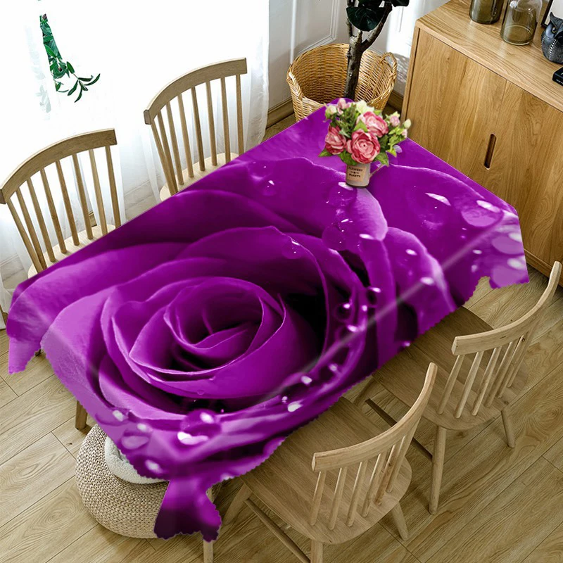 

Beautiful Purple Rose Pattern Waterproof Oilproof Rectangular Polyester Tablecloth Home Decor Wedding Party Kitchen Table Cover