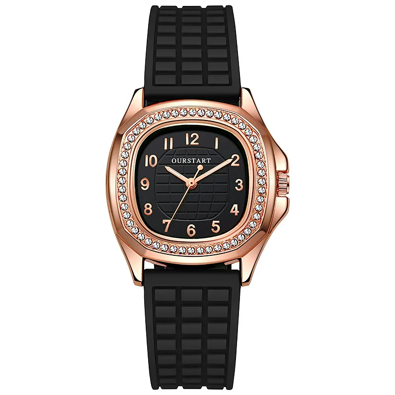 

Korean casual digital square diamond inlaid silicone quartz women's watch