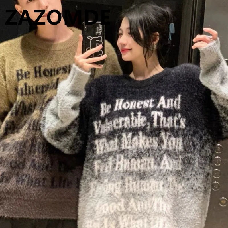 ZAZOMDE American Retro Youth Street Trend Letter Gradient Sweater Winter Warm Pullover Loose Couple Neck Couple Knitwear Sweater