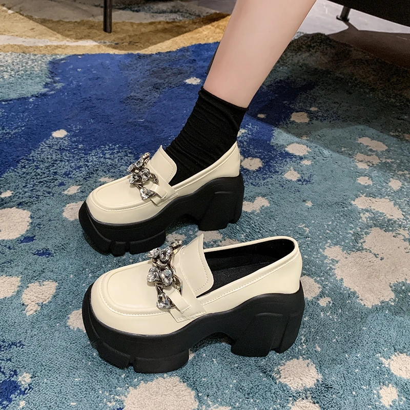 

Womens Derby Shoes Clogs Platform Casual Female Sneakers Loafers With Fur British Style Flats Round Toe Leather Creepers Slip-on