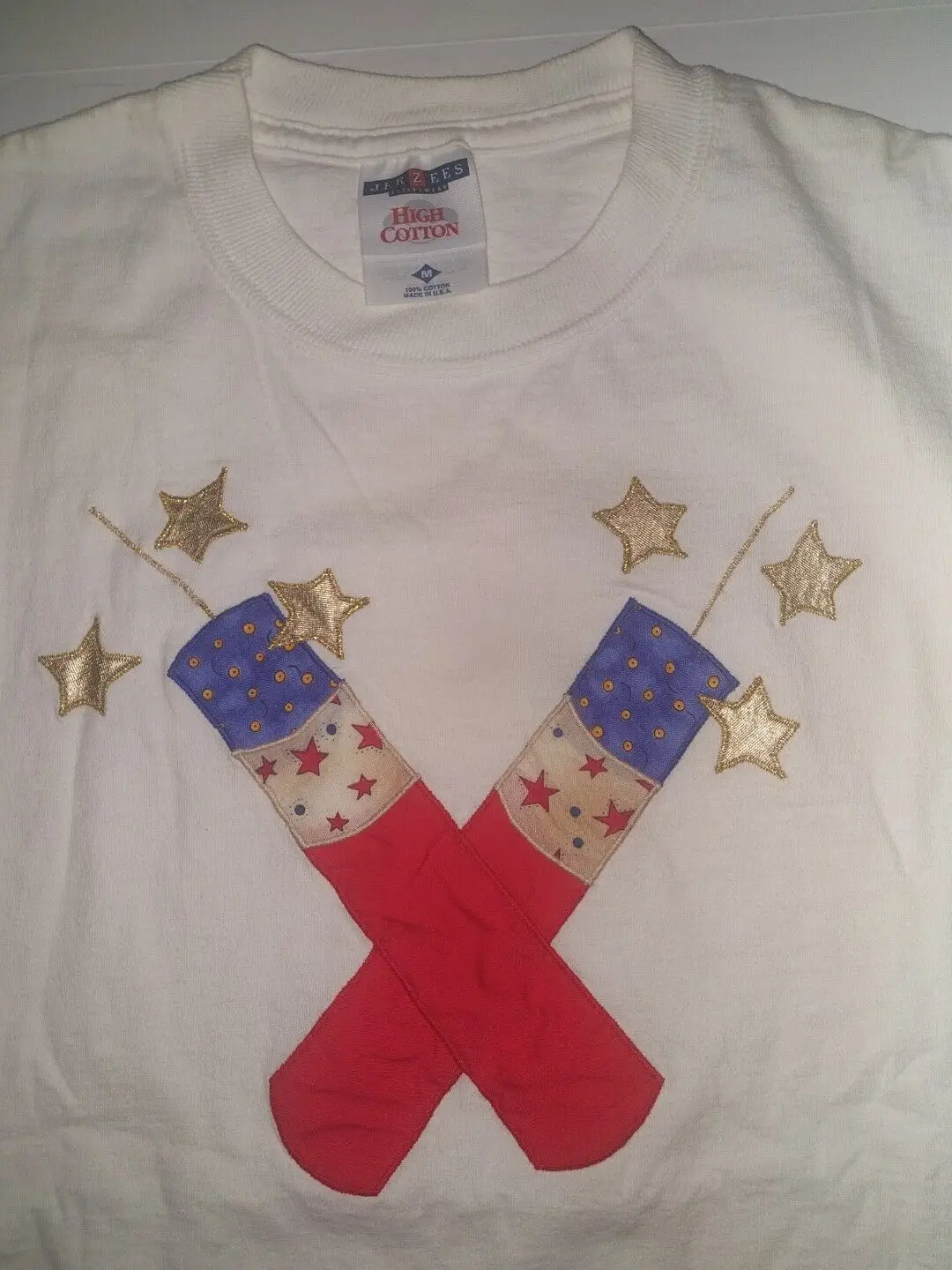Maglietta Vintage Made In Usa Fuochi D'Artificio A Tema Americano Bianco Medio