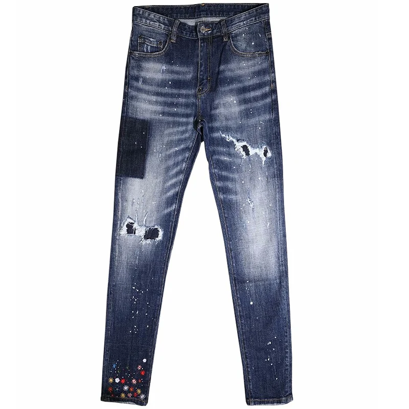 High Street Fashion Men Jeans Retro Blue Elastic Stretch Slim Fit Ripped Jeans Men Embroidery Designer Hip Hop Brand Pants Homme