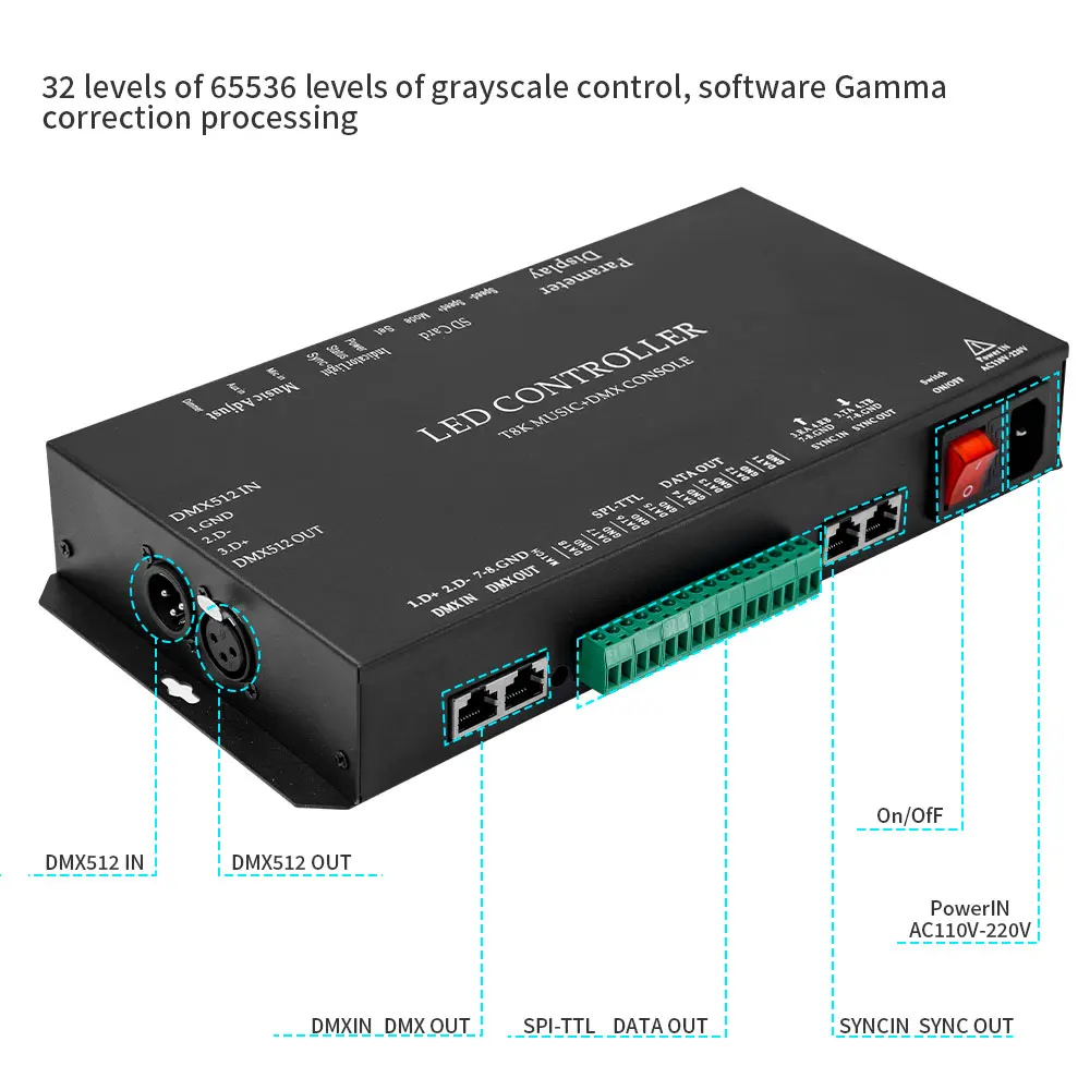 RGBIC SPI-TTL LED 스트립 라이트 컨트롤러, T8K 음악 및 DMX 콘솔, 8 채널 포트, 마이크 입력 및 Aux 입력, WS2811 WS2812B WS2813 WS2815