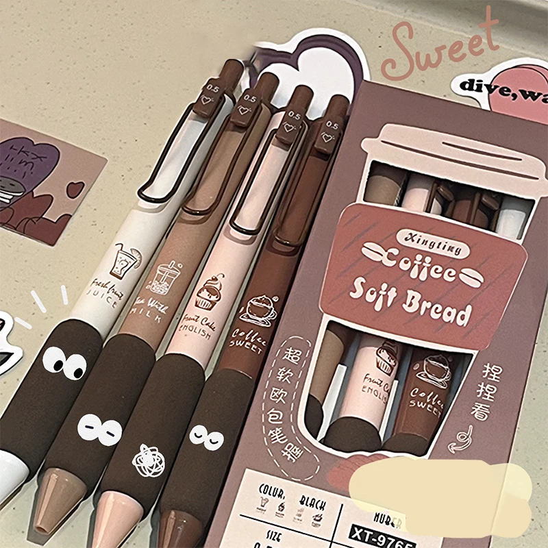커피 소프트 빵 젤 펜 세트, 사무실 학교 문구 용품, 필기용 블랙 컬러 잉크, 0.5mm, 4 개