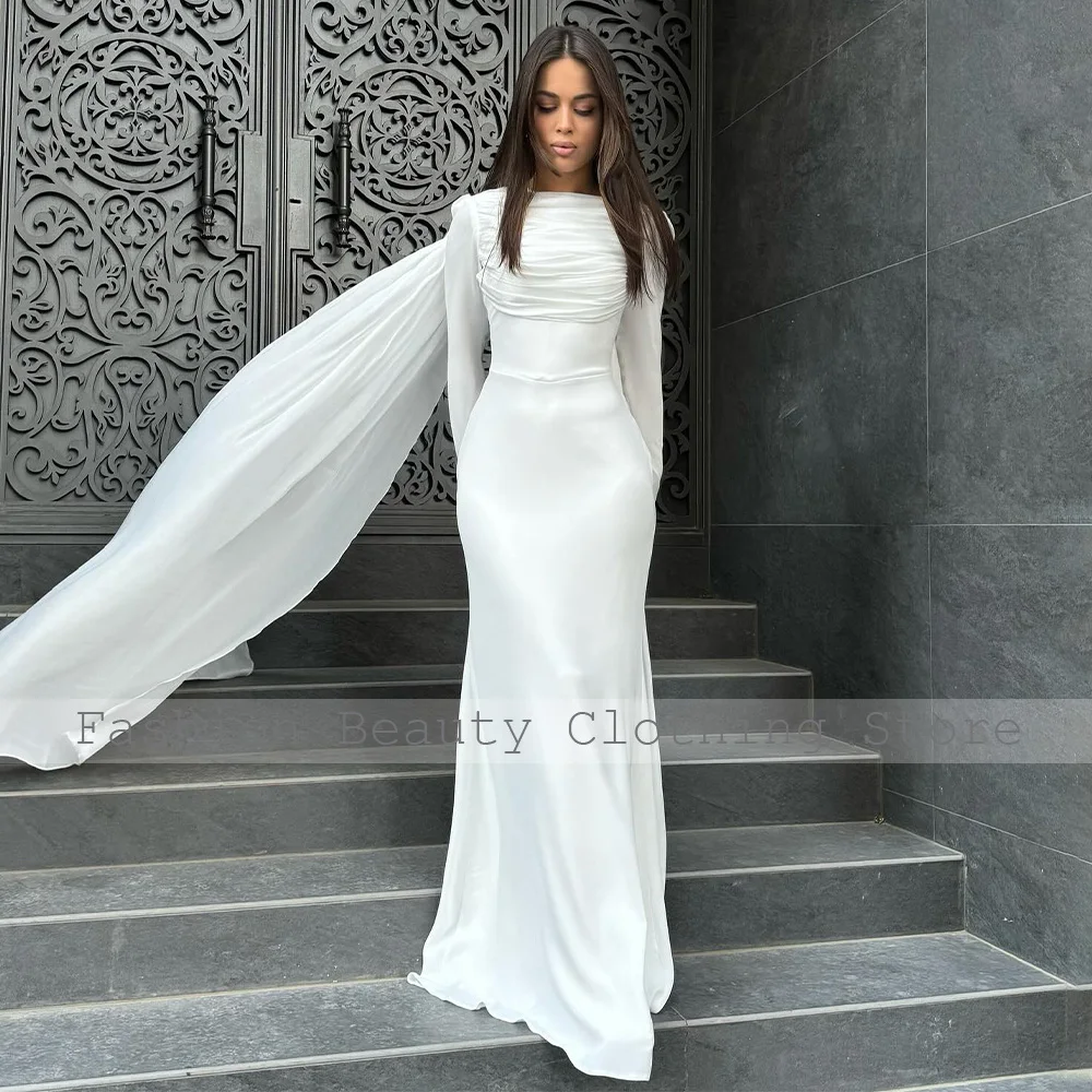Wedding White Gown Formal Bridal Gown Low Cut White Plunge Maxi Dress Long  Sleeve Ruched Draped