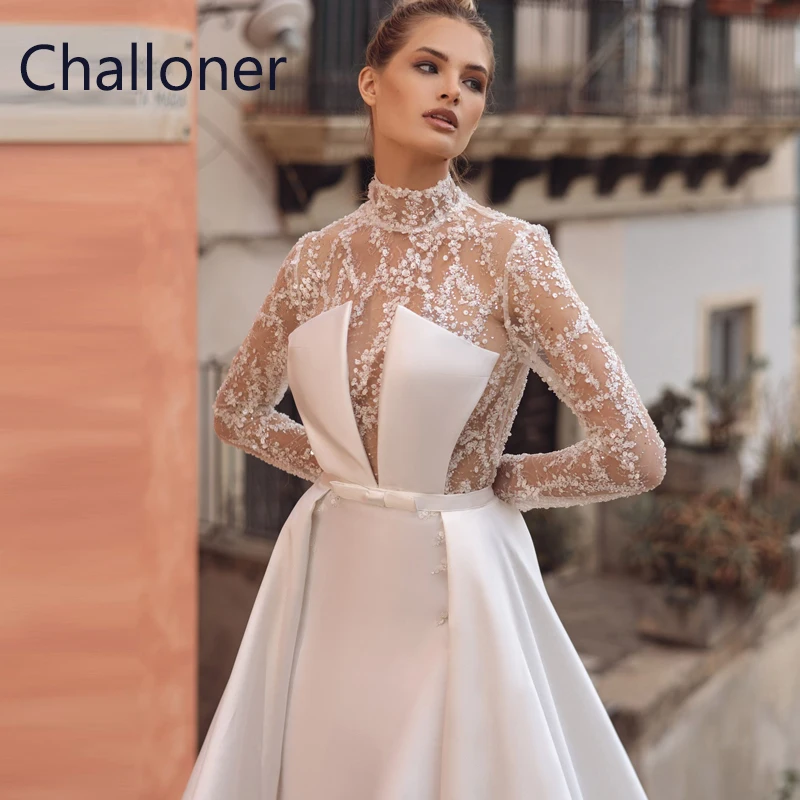 

Женское атласное свадебное платье Challoner, с высокой горловиной и бисером, современное блестящее кружевное платье на пуговицах сзади, 2023