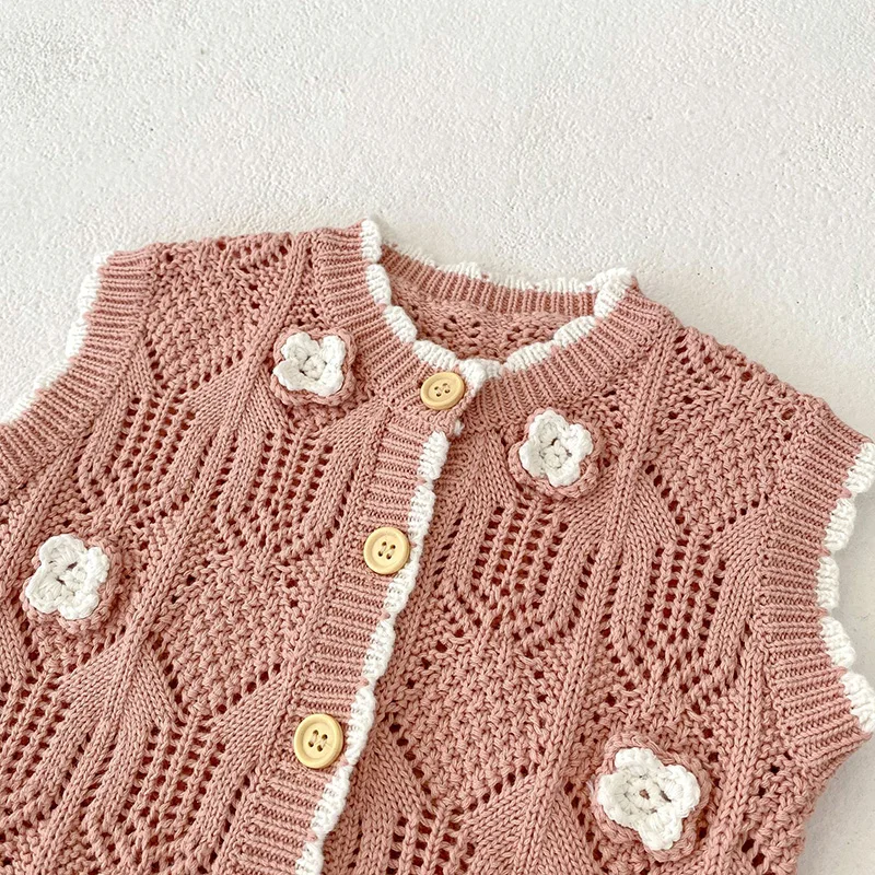 0-3Yrs Baby Girls Sleeveless Sweet Hollow Out Embroidery Vest Autumn Infant Kids Baby Girls Knitted Sweaters Cardigan Coat