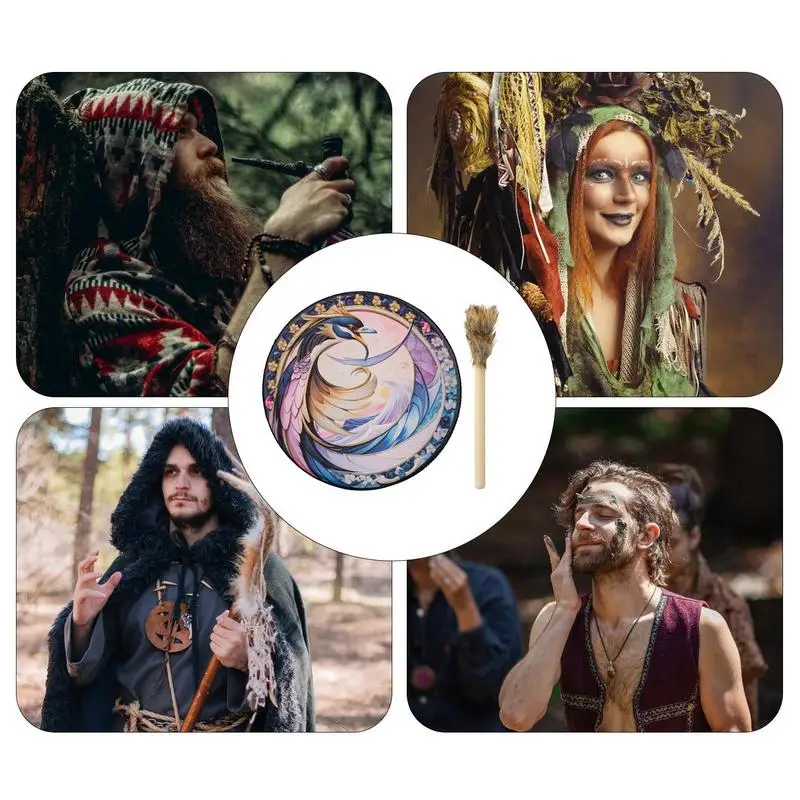 Shaman Hand Drum Bird Print Drum Instruments Spiritual Instrument Colorful Shaman Tools Meditation Music Meditation
