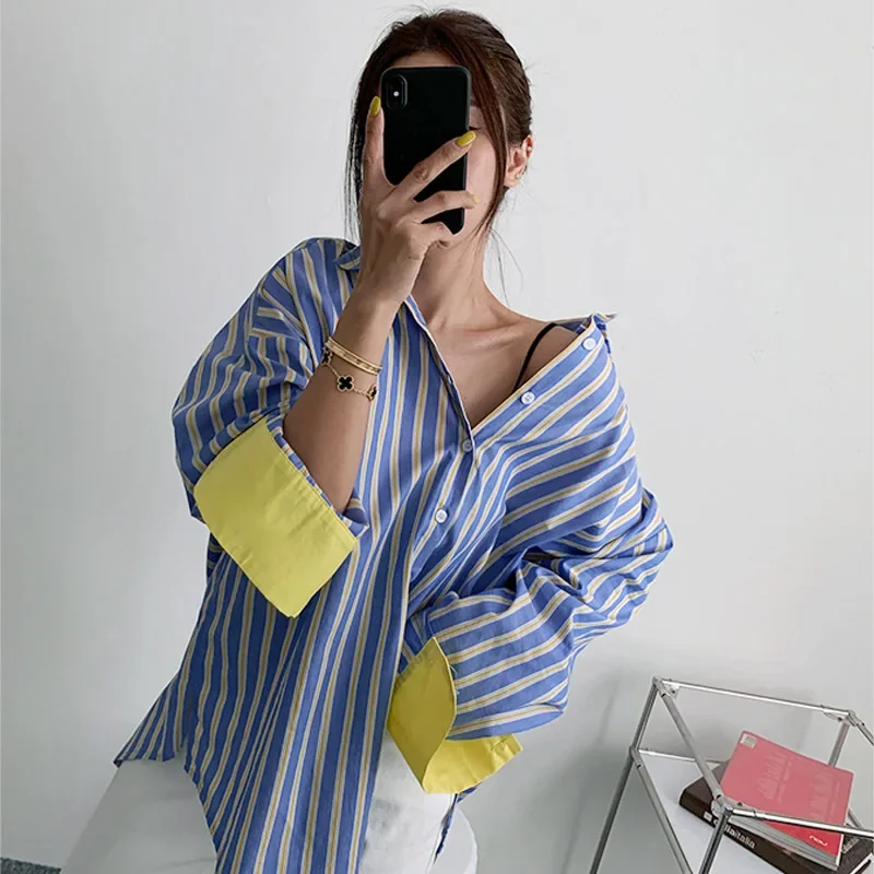 SuperAen Spring and Summer New Color Contrast Striped Shirt Women\'s Korean Loose Long Shirt Fashion Tops