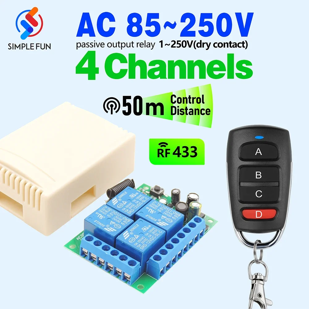 

433MHz Universal Wireless Remote Control Switch AC 110V 220V 10A 4CH RF Relay Receiver Module for Gate Garage Door LED Motor DIY
