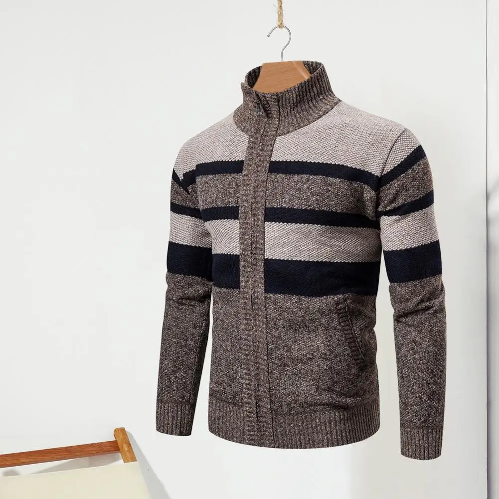

Men Knit Coat Fashionable Men's Striped Knitted Coat Warm Slim Fit Sweater with Stand Collar Zip Closure for Outdoor Sports Warm