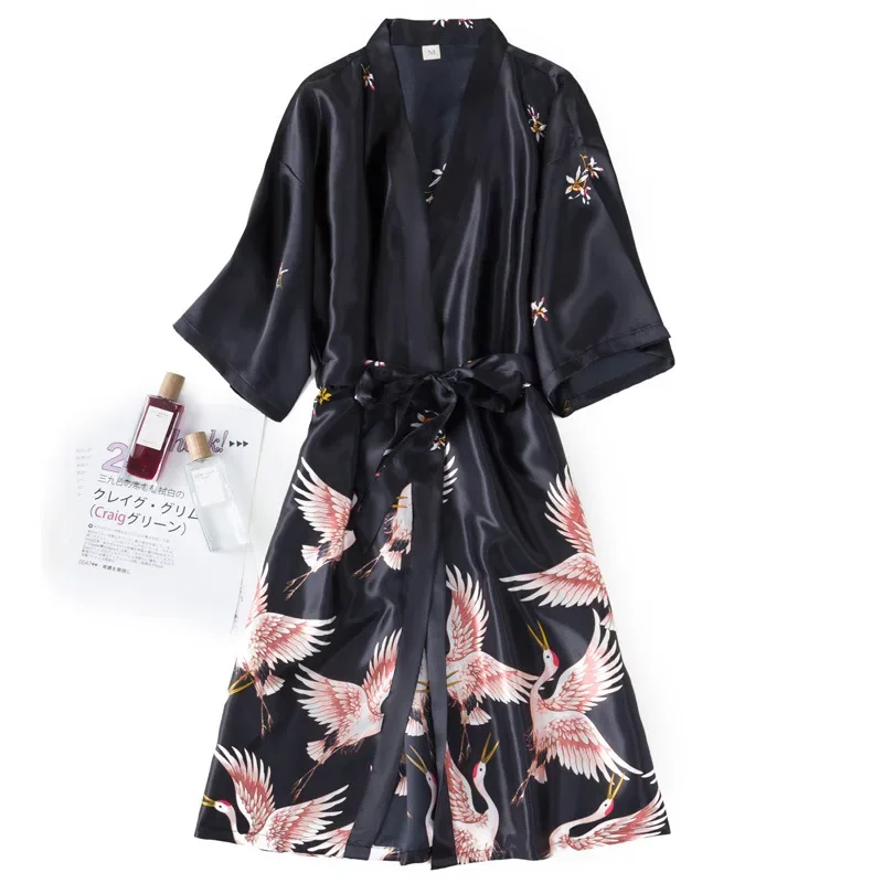 Burgundy Women 2PCS Faux Silk Kimono Robe Gown Sets Sexy Print Crane Nightdress &Bathrobe Lingerie Nightgown Summer Sleepwear