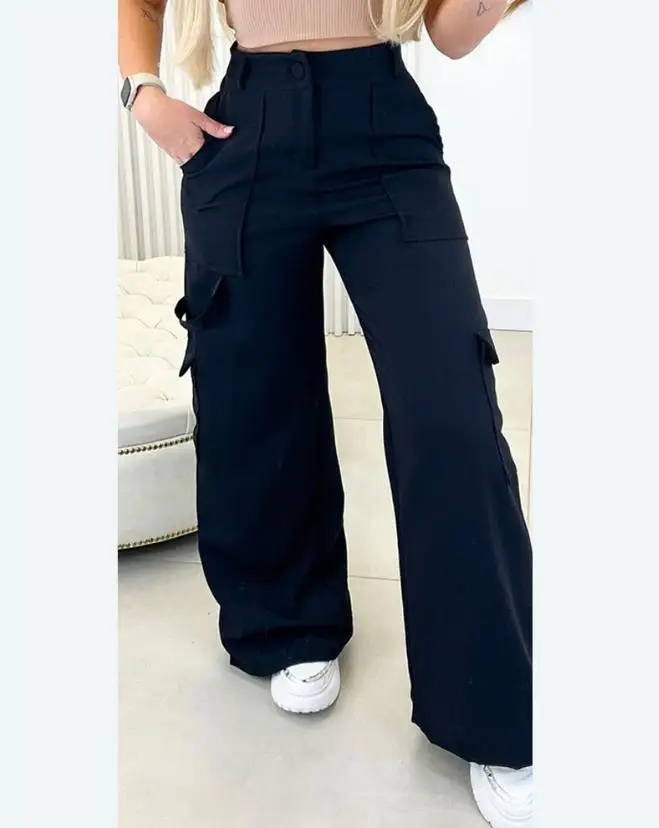 

Women's Pants 2023 Summer Fashion Pocket Design Casual Plain Daily High Waist Wide Leg Long Cargo Pants Y2K Streetwear