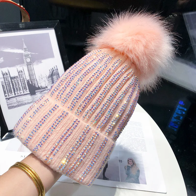 Women winter Beanie Fur ball Diamond Fashion warm knitted hat Shiny reflective beanie Outdoor warmth thick knitted hood 2022 5