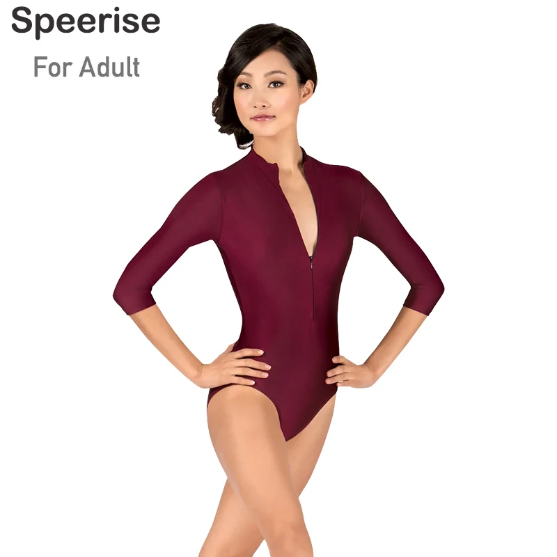 Adult Women Ballet Dance 1/2 Long-sleeved Leotards Gymnastics Front Zip Bodysuits Nylon Skinny Workout Stage Costumes ballet leotard dance leotard