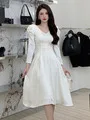  Elegant Formal Dress Solid Drawstring Puff Sleeve V-Neck Asymmetrical Dress 2022 Autumn Winter Women's Party Dress 