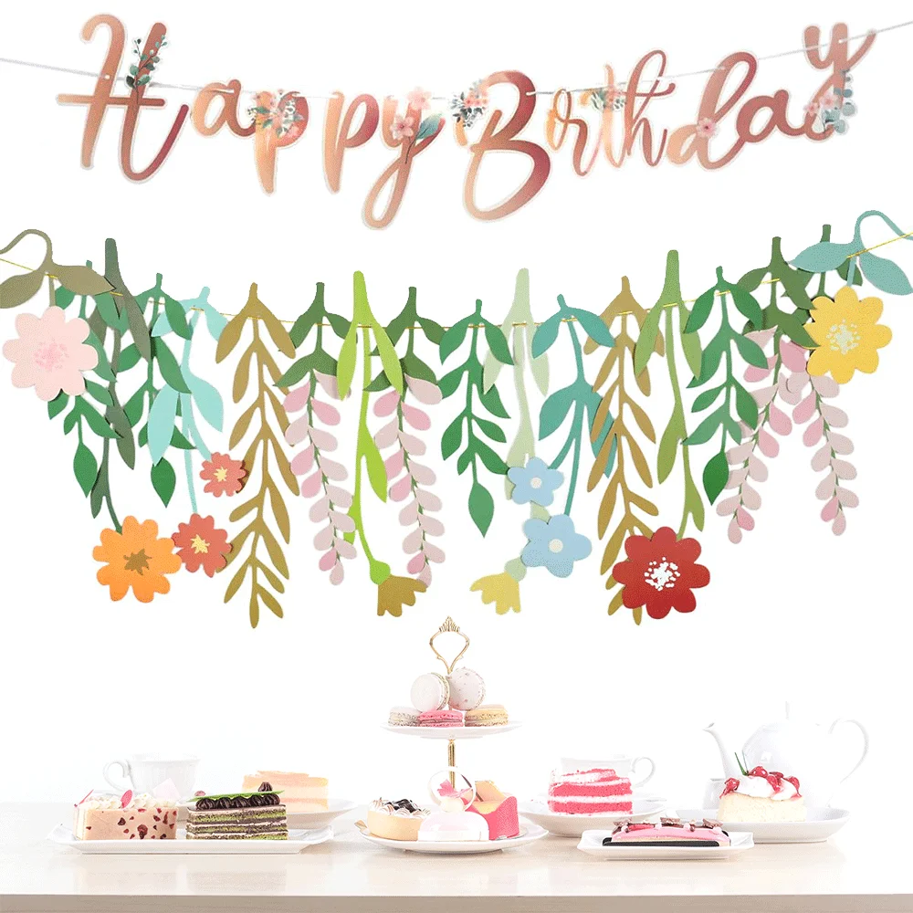 Flower Banner Happy Birthday Wildflower Garland For Fashion Bohemian Garden Wedding Birthday Baby Shower Floral Party Decoration