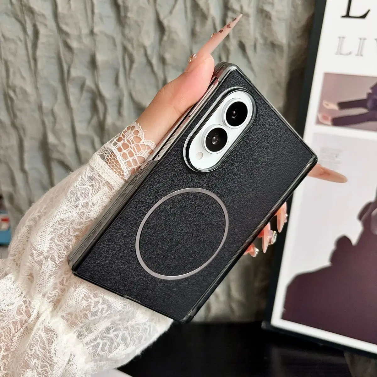 Luxury PU Leather Magnetic Armor Case with Hinge Protection