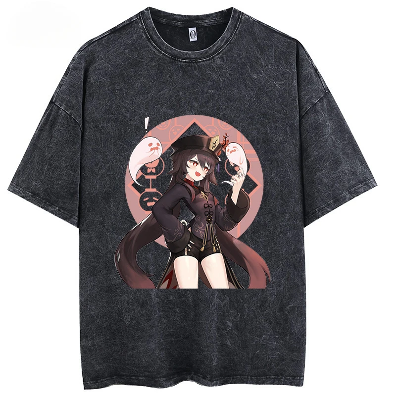 

Game Genshin Impact Graphic Tees for Men Women Vintage Washed Cotton T-shirt Tops Casual in Oversized Tshirt Harajuku Streetwear
