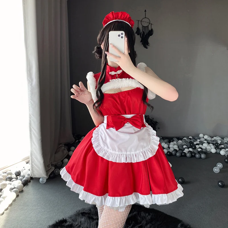 

Sexy Red Christmas Maid Dress Quadratic Element Cute Restaurant Maid Uniform Halloween Cosplay Japanese Lolita Costumes Set