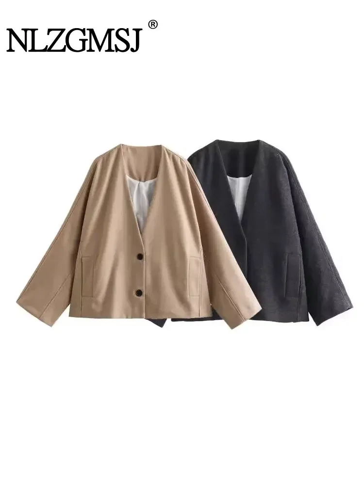 

Nlzgmsj TRAF Solid Blend V-neck Jacket Women Winter Warm Vintage Cardigan Coats Woman Casual Loose Single Breasted Jackets