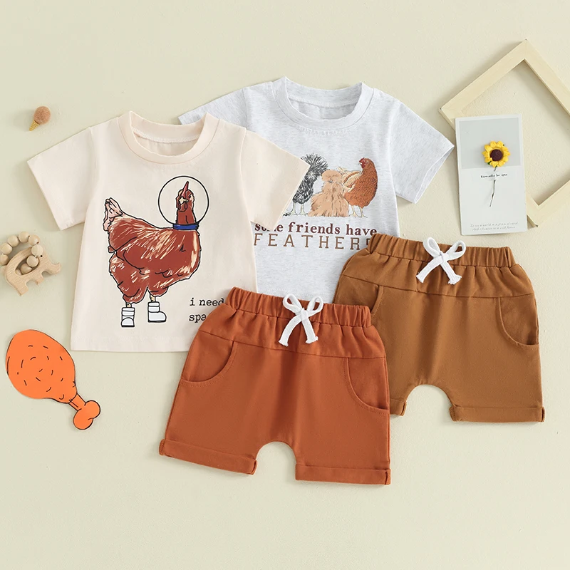 

2024-03-06 Lioraitiin 0-3Y Toddler Boys Summer Shorts Sets Short Sleeve Letter Chick Print Tops and Drawstring Shorts Sets