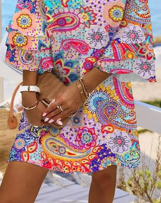 Paisley Print Bell Sleeve Mini Casual Dress Straight V-Neck Daily
