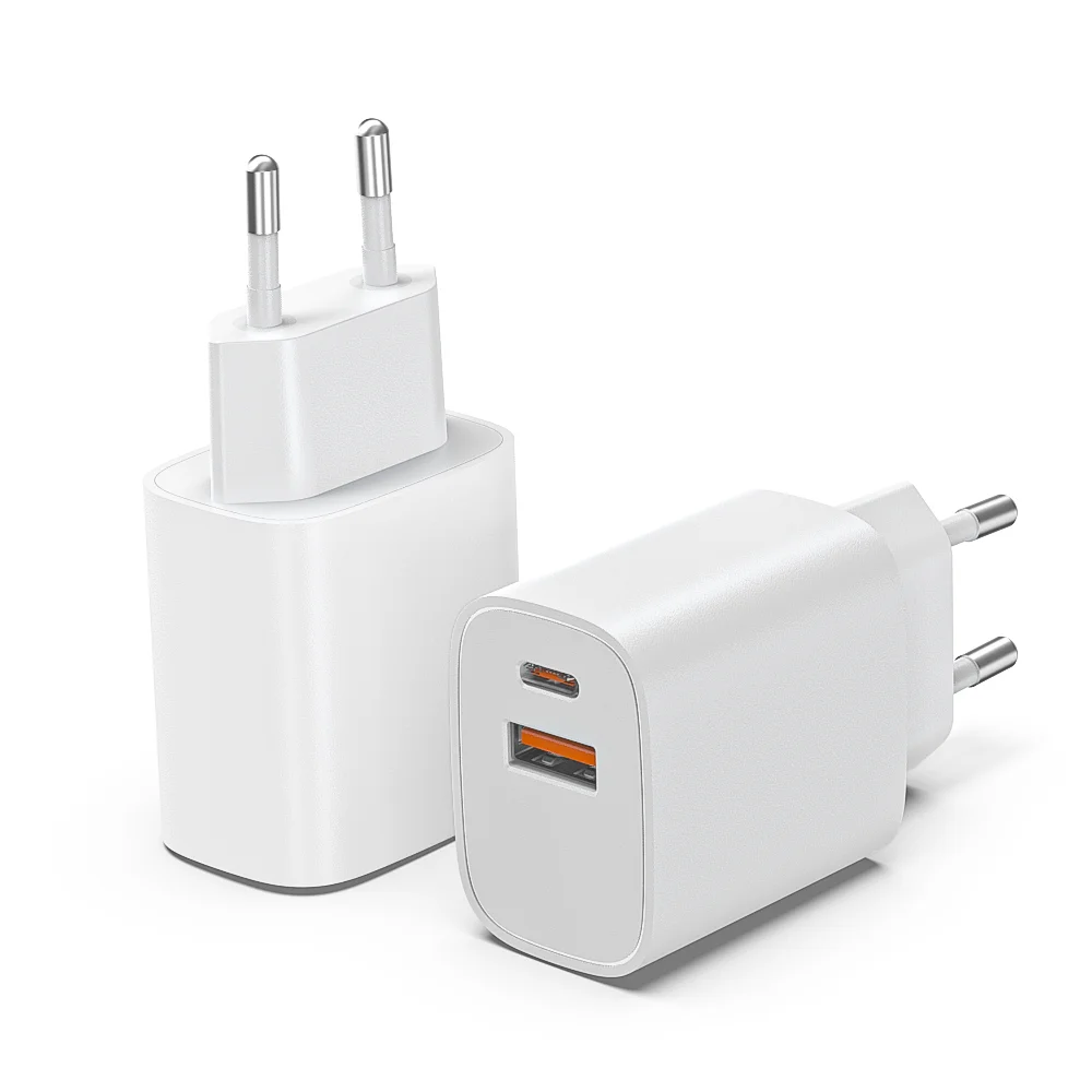 2 Pack 20W PD Fast Charging Wall Charger Dual Port USB C & USB A White Compact EU Standard Plug Travel Essential for All USB Enabled Devices 1