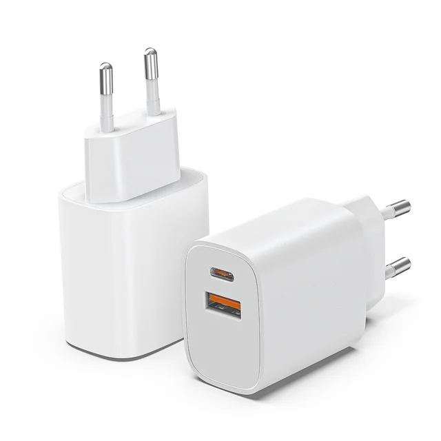 2 Pack 20W PD Fast Charging Wall Charger Dual Port USB C & USB A White Compact EU Standard Plug Travel Essential for All USB Enabled Devices 1
