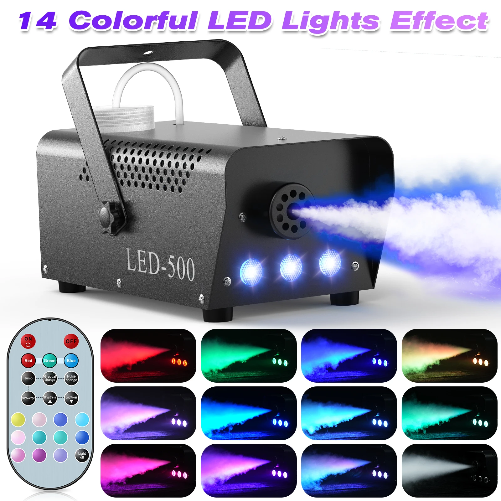 Mini Smoke Machine U'King 500W Smoke Machine RGB LED Fog Machine Stage Lighting Effect with Remote Control Fogger For Wedding DJ Show Bar Party