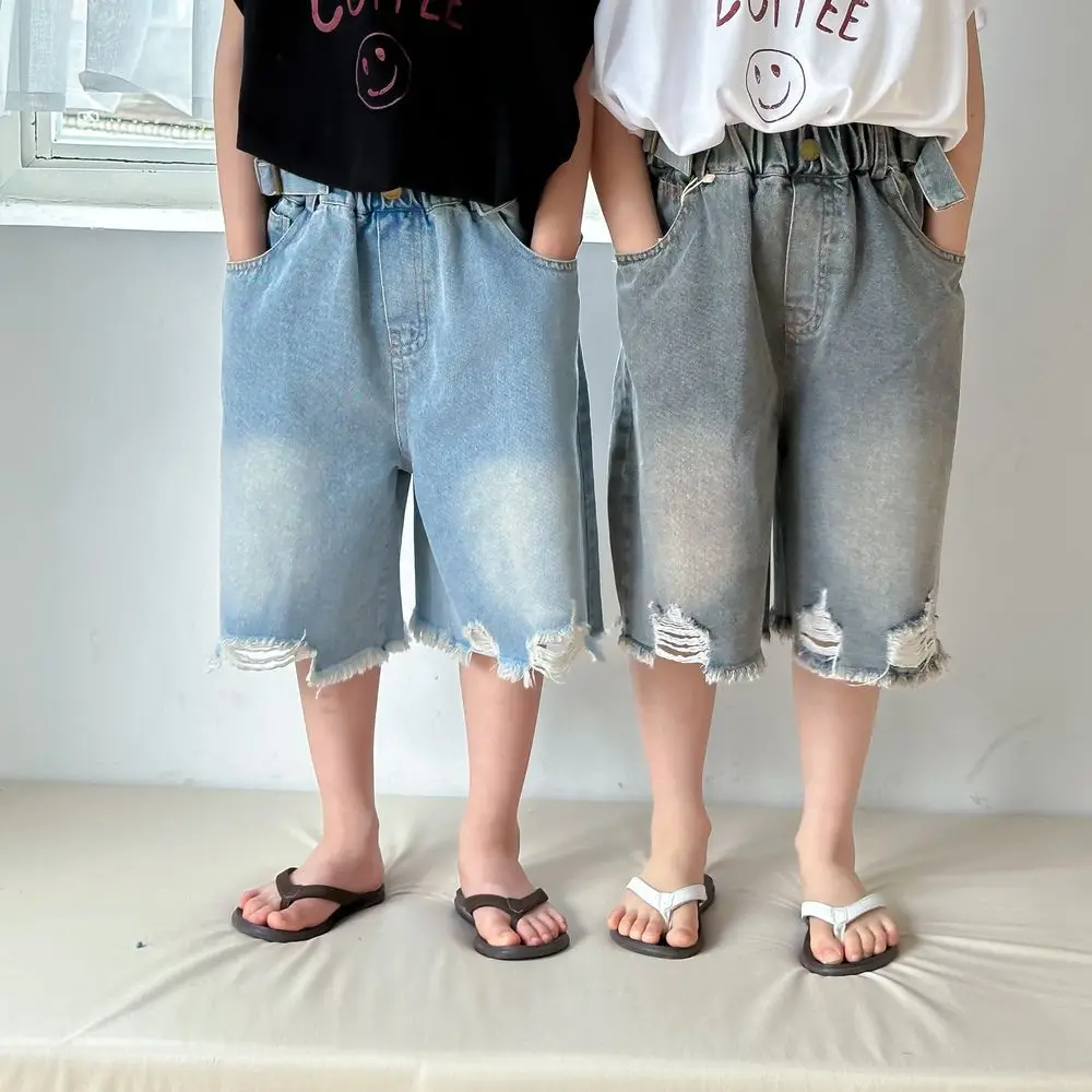 

Children Clothing Casual All Match Denim Shorts 2024 Summer Korean Style Boys Girls Fashion Personality Simple Denim Shorts