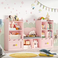 Kids Bookshelf with Reading Nook, Kids Bookcase, 2 Wheels Drawers and 8 Storage Cubbies, Toy Storage Organizer 1