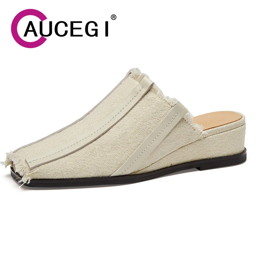 

Aucegi Sexy Fashion Tassel Square Toe Wedges Heels Summer Mules Woman Elegant 2024 New Canvas Slippers Dress Casual Shoes