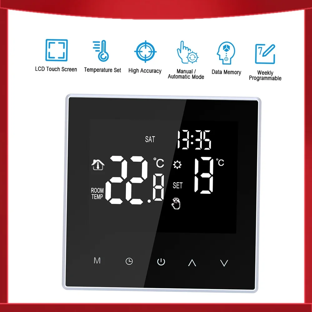 เทอร์โมสตัทอัจฉริยะ ตัวควบคุมอุณหภูมิแบบดิจิตอล ระบบหมุนเวียนรายสัปดาห์ ระบบทำความร้อนใต้พื้นแบบตั้งโปรแกรมได้ หน้าจอ LCD ขนาดใหญ่ 1