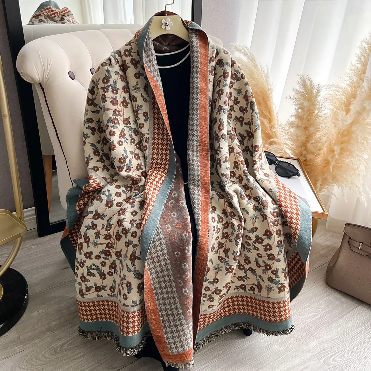 Winter Cashmere Scarf For Women Floral Shawl Wrap Female Pashmina Luxury Brand Poncho Thick Blanket Warm Bufanda Echarpe Femme