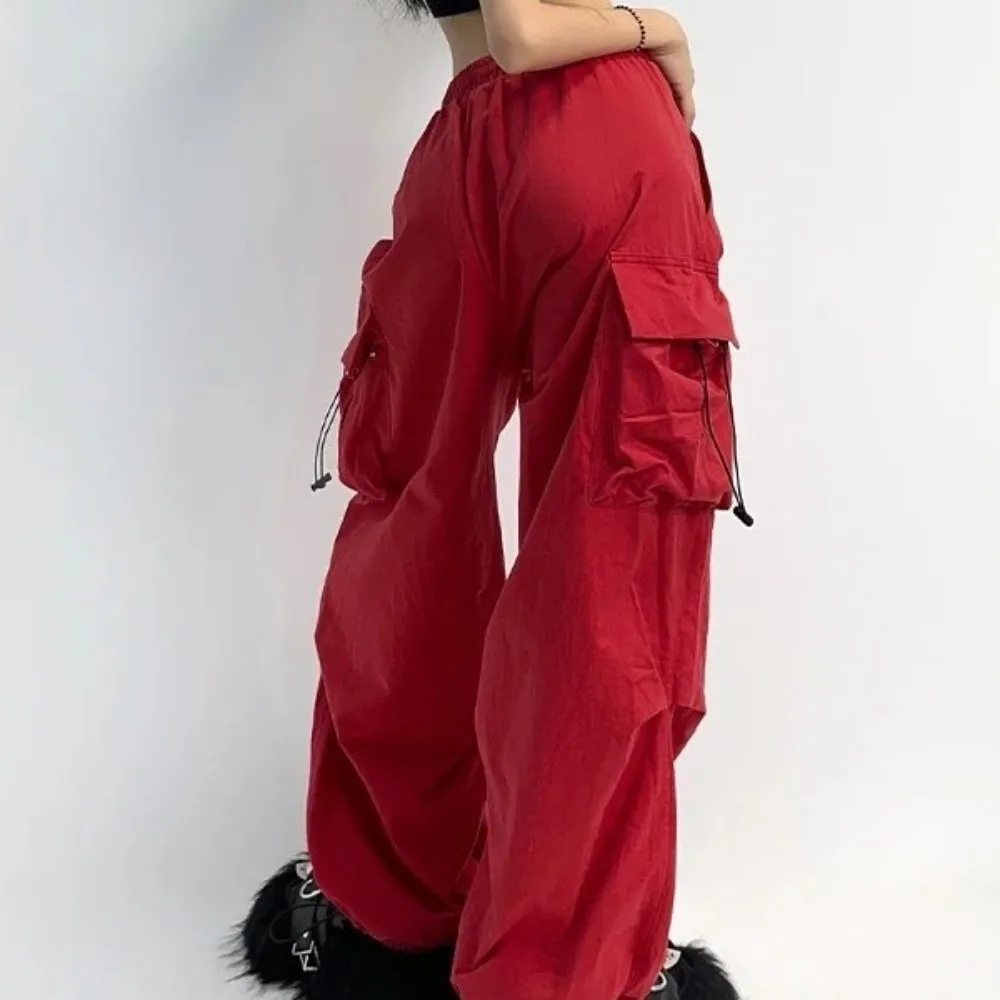 Elasticated Waist Women Drawstring Pants Long Trousers Hip Hop Wide Leg Pants Multi-pockets Black Red Women's Harem Pants