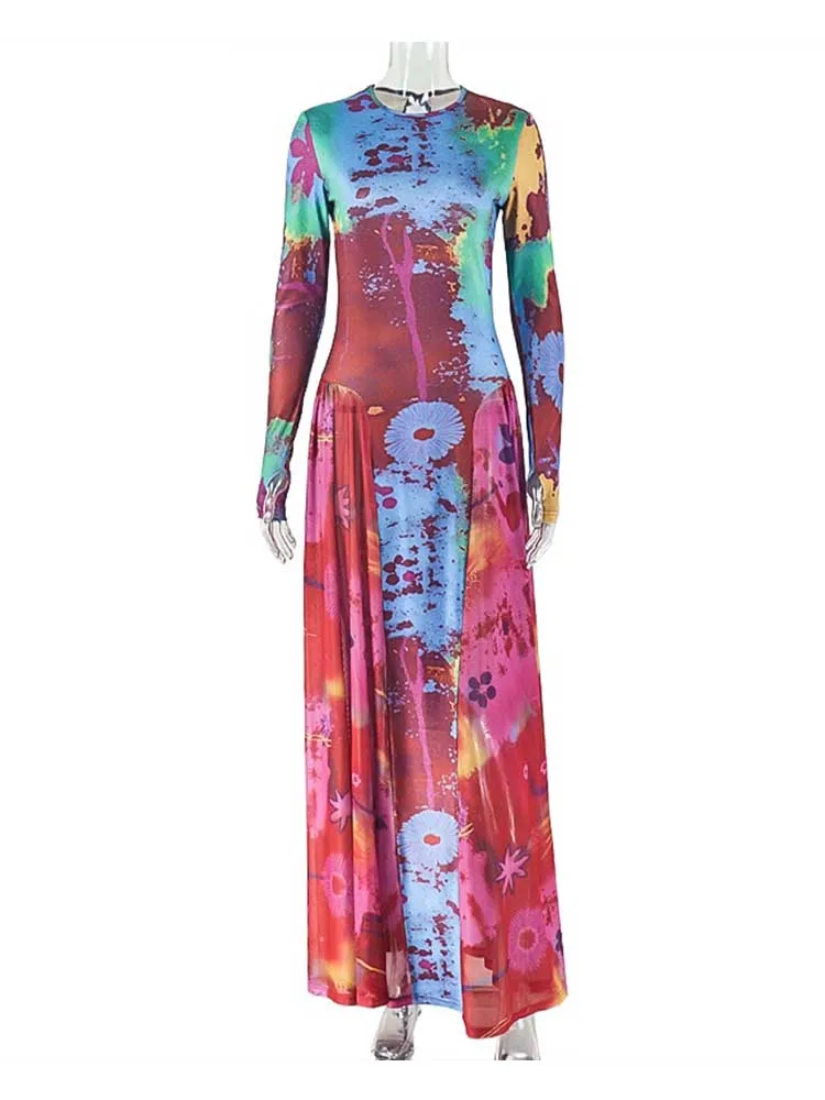 Vestido maxi de manga comprida para mulher, cintura alta, elegante, gola redonda, estampado, manga de dedo, vermelho e azul, vestido chique plissado