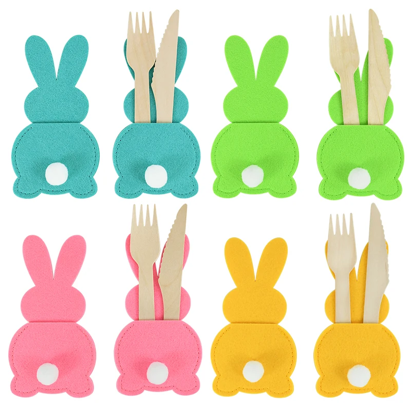 4Pcs Easter Knife Fork Holder Bags Felt Rabbit Cutlery Cover 2024 Happy Easter Decoration For Home Kids Birthday Party Tableware