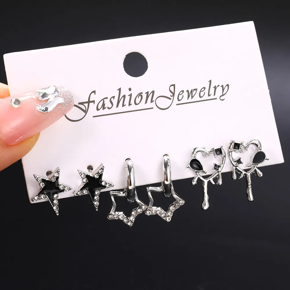 Goth Black Butterfly Crystal Star Earring Set For Women Girl Vintage Aesthetic Heart Stud Earring Trendy Y2K Jewelry Accessories - Image 2