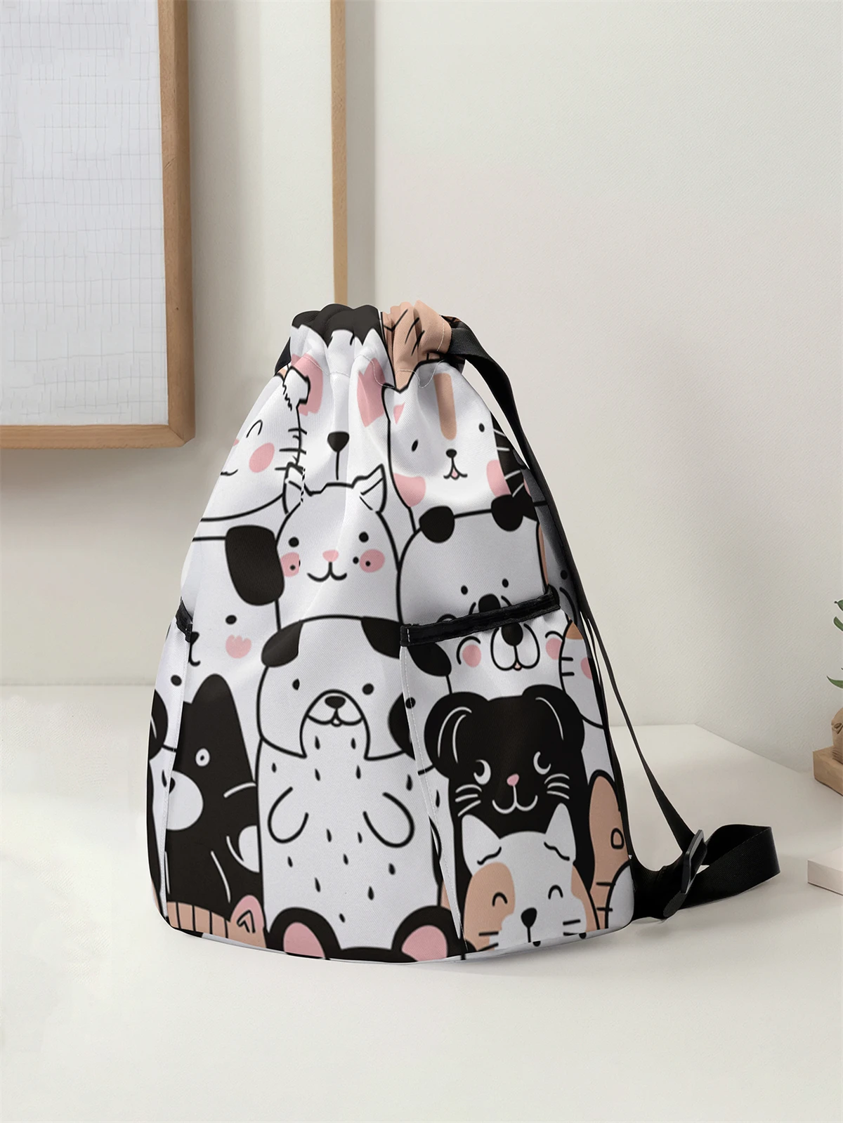Cartoon Dog Pattern Drawstring Backpack - Large Capacity Durable Fitness Bag, Adjustable Shoulder Straps, Sports Beach Backpack
